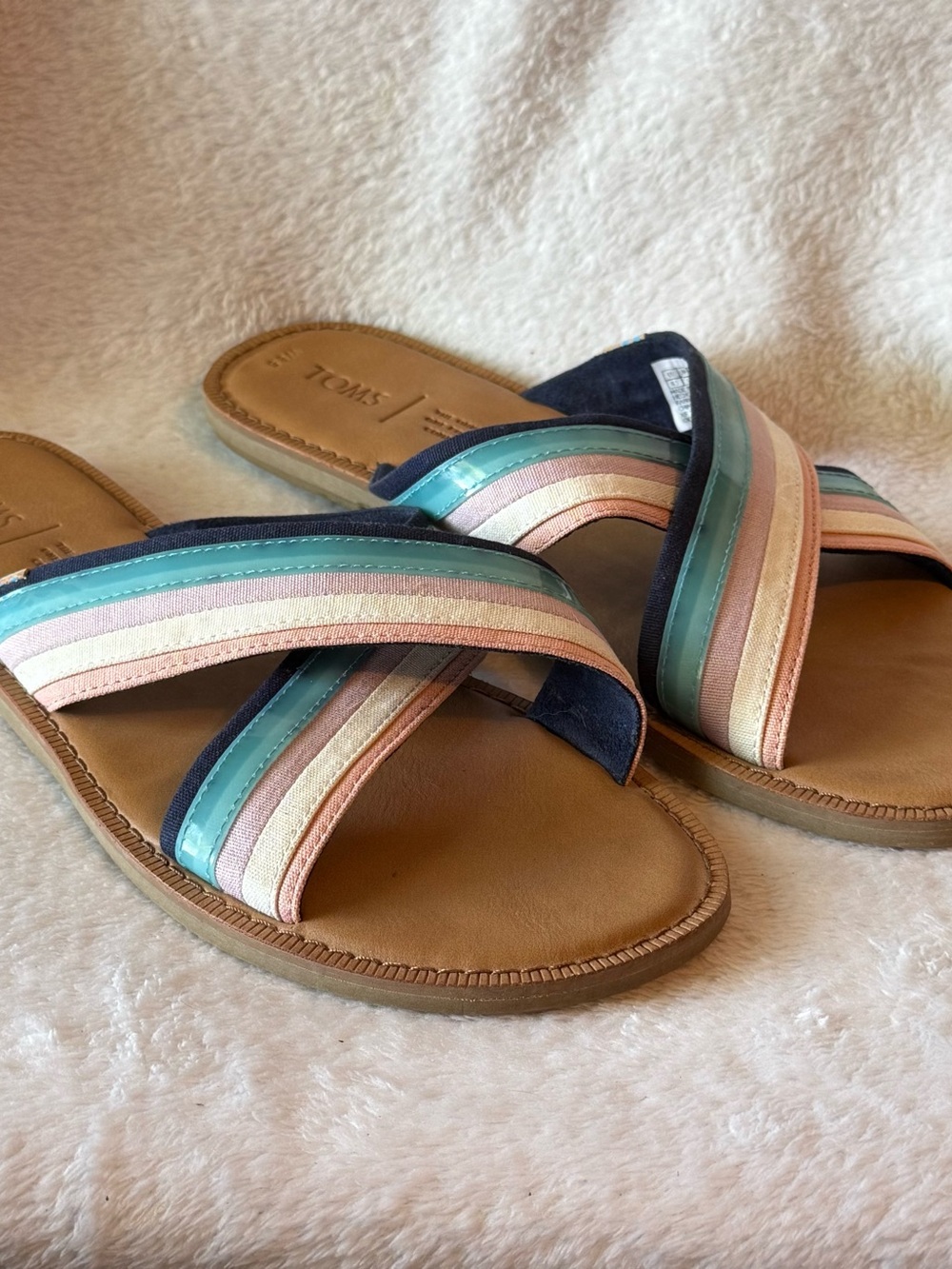 TOMS‎ Women’s Pastel Stripe Crossband Slide Sandals - Pink/Teal 8.5